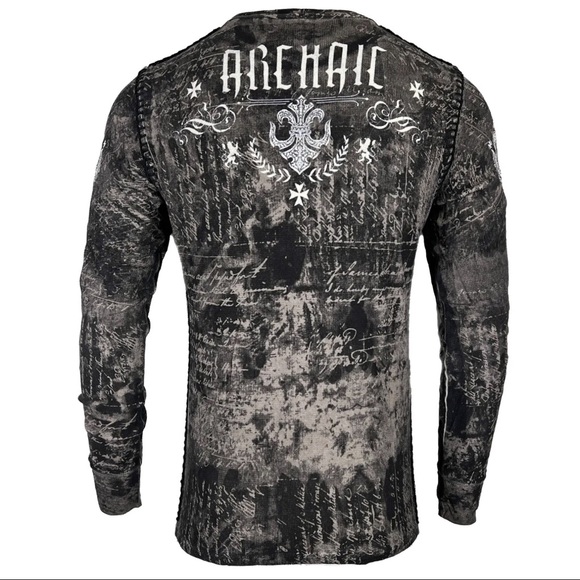 Archaic by Affliction Men's Thermal Shirt SHIELDED Wing Biker Gray - Picture 3 of 9